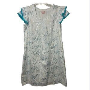 White and Blue Sheath Mini Dress with Flutter Cap Sleeves